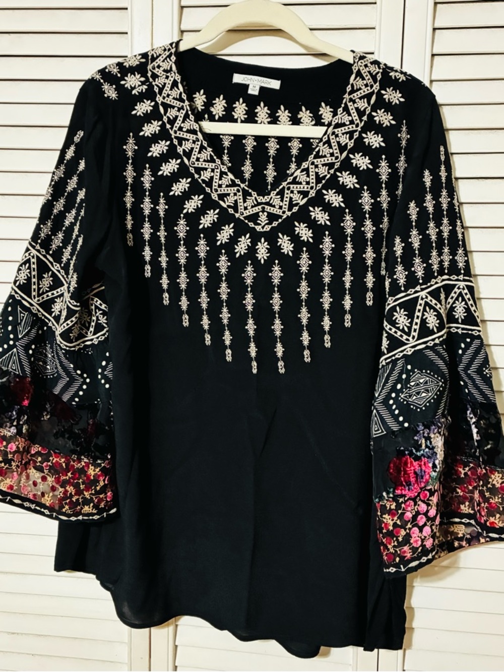 John Mark Black Tunic with White Embroidered Yoke and Multicolor Floral Sleeves
